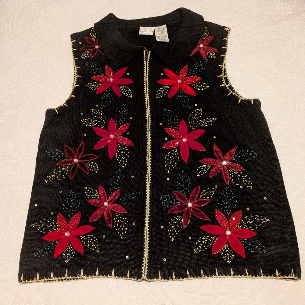 White Stag Black Knit Vest with Poinsettia Floral Design